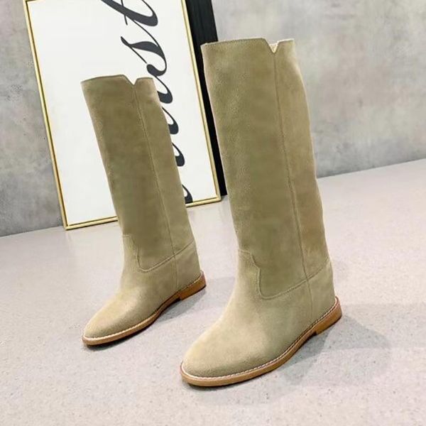 

cow suede slip-on wedge heel long boots women khaki round toe inner height increase knight bota cozy real leather cowboy booties, Black