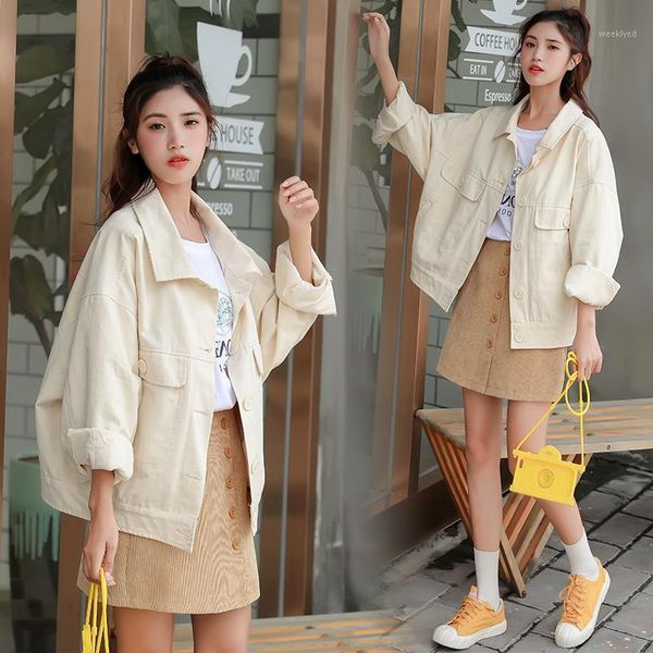 

korean version of the pocket button tooling coat female 2020 autumn new solid slim loose single-breasted women's denim jacket1, Black;brown
