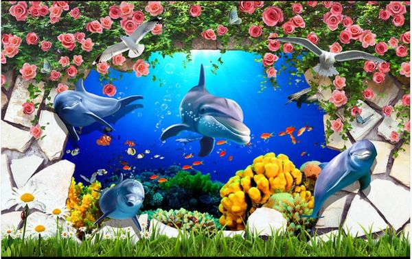 foto personalizado papel de parede 3d mural de papel de parede para sala de estar Wall telhas subaquática imagem da flor golfinho mundo pintura papéis de parede decoração de casa