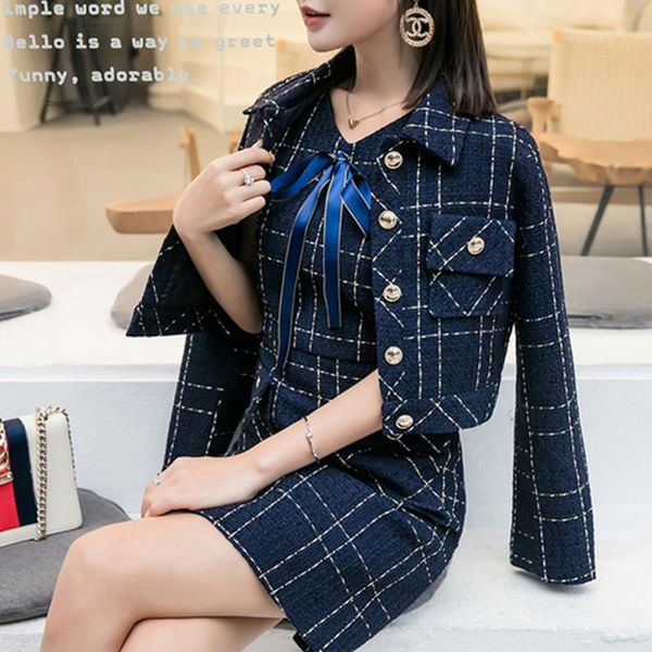 

2020 new autumn runway tweed 2 piece set skirt winter women white bow jacket coat+ high waist mini tassel wool blend suits