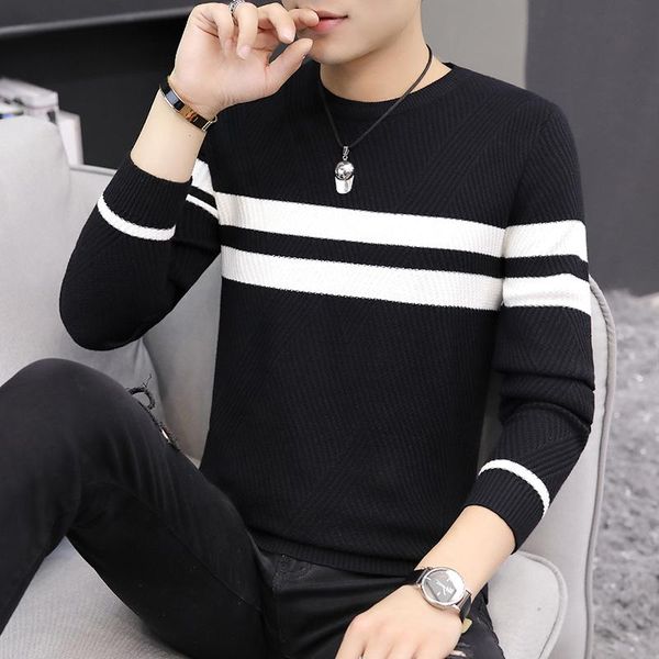 

2020 sweater men's clothing fall winter long sleeve plus size knitted clothes korean style fashion man striped, White;black