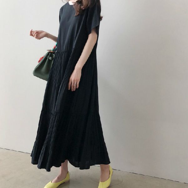 

women summer round collar cascading ruffle loose straight long dress cotton linen short sleeve midi sundress solid color lj201202, Black;gray