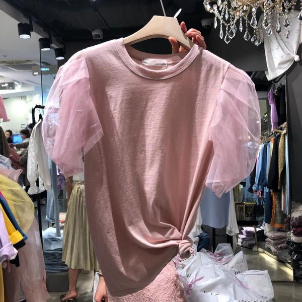 

ewq] 2020 summer new round neck mesh puff short sleeve ladies t-shirt korea simple casual loose yellowt shirt women qv1081, White
