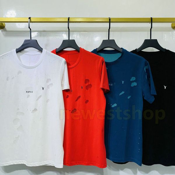 

new luxury europe paris broken holes t shirt two layer fabric tshirt men women small letter print t shirt designer tshirts casual cotton tee, White;black