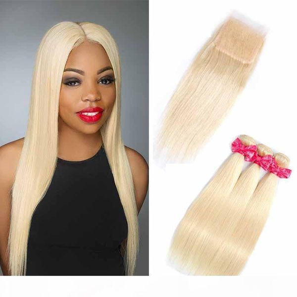 

brazilian 613# blonde virgin hair 3 bundles with lace closure lace closure and bundles silk straight hair extension with lace closure, Black;brown