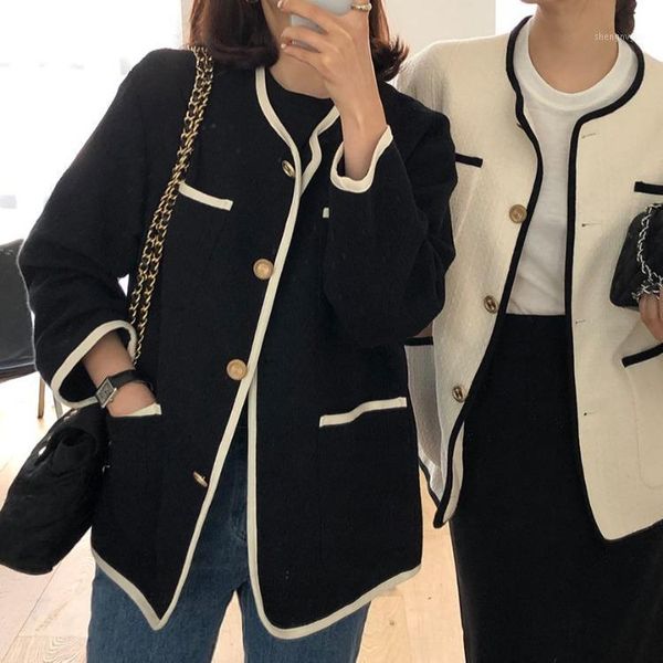 

autumn new style autumn pocket edging contrast color woolen cloth loose coat women's clothing1, Black;brown