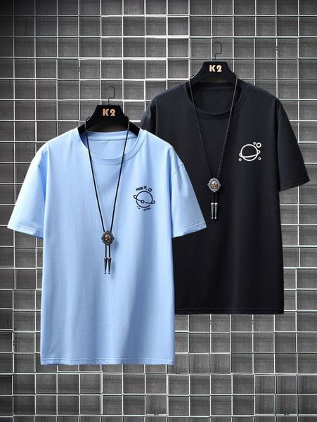 

men 2pcs slogan and planet print tee t9oh#, White;black