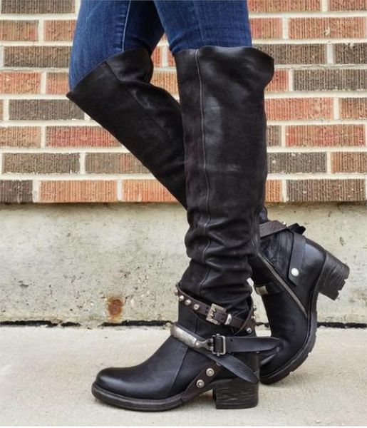 

buckle zipper shoes women boots low heels knee high boots 2020vintage pu leather booties rivets mujer zapatos botas mujer1, Black