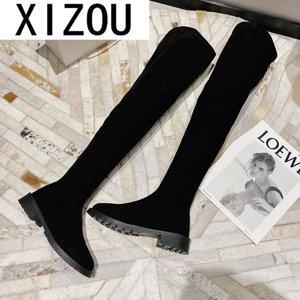 

2020 new winter women's boots fashion thick-heel over knee boots round head mid heel sock shoes women zapatos de mujer, Black
