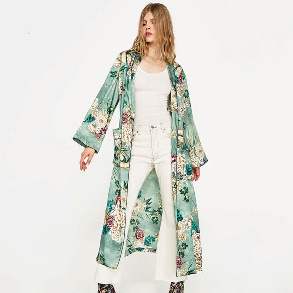 

2019 fashion vintage women retro floral print long kimono coat jacket long sleeve cardigan maxi shawl with belt green, White