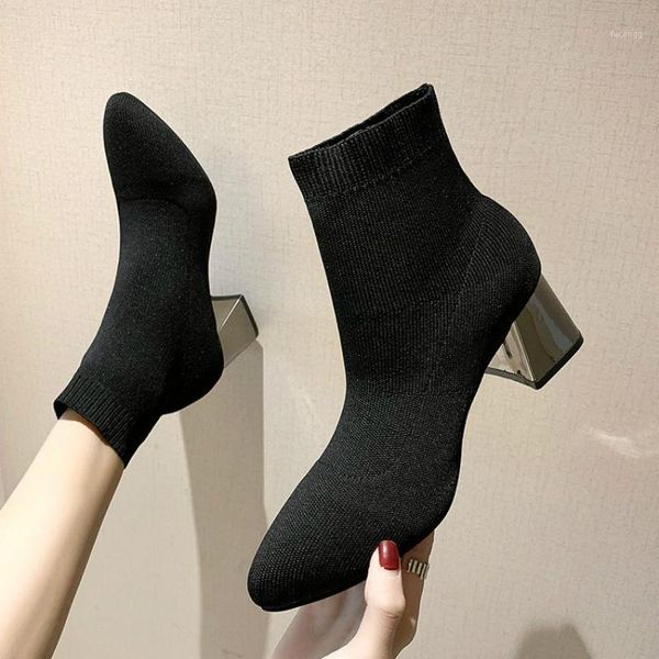 

2020 new women's shoes women's boots high heel stretch fabric ankle boots fashion pointed toe shoes1, Black