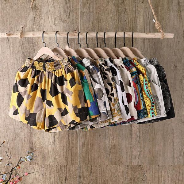 

women shorts summer casual printed cotton linen shorts high waist loose shorts for girls soft cool female short m-4xl, White;black