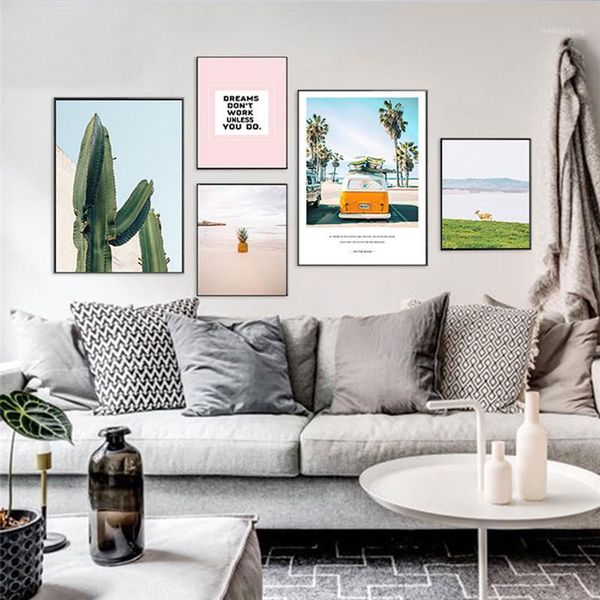 

paintings ruoguan scandinavian decoration tropical landscape posters modern prints sea beach bus cactus canvas painting no frame sh-7701