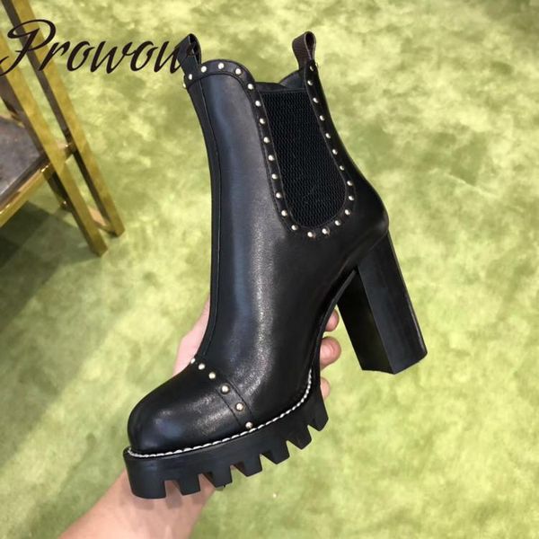 

prowow new autumn winter luxury round toe platform boots metal studded thick heel high chunky heel boots shoes women, Black