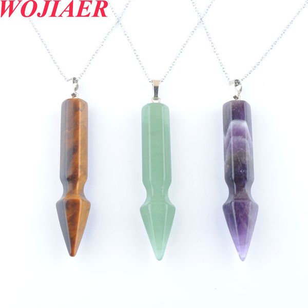 

wojiaer natural gemstone hexagonal column pendant necklace for healing point women girl jewelry crystal bullet tigers eye bo909, Silver