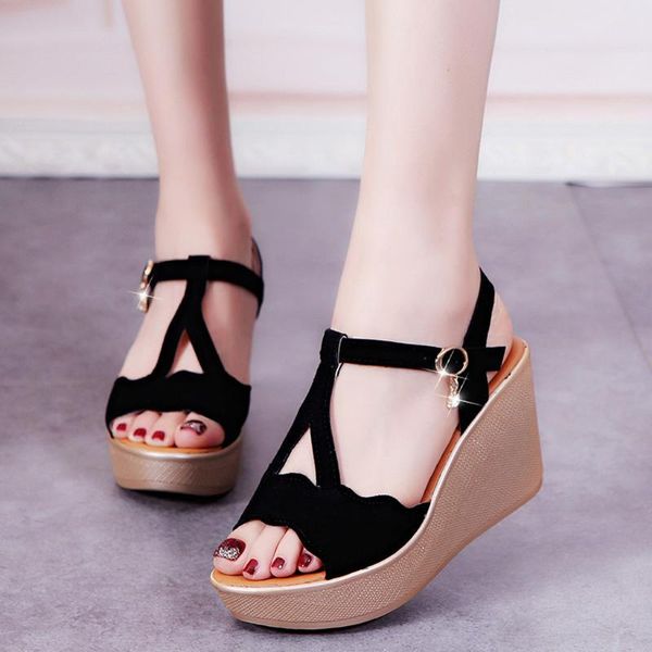 

open toe women sandals wedge shoes breathable beach rome buckle strap casual peep toe woman wedges sandals summer ladies sandles, Black