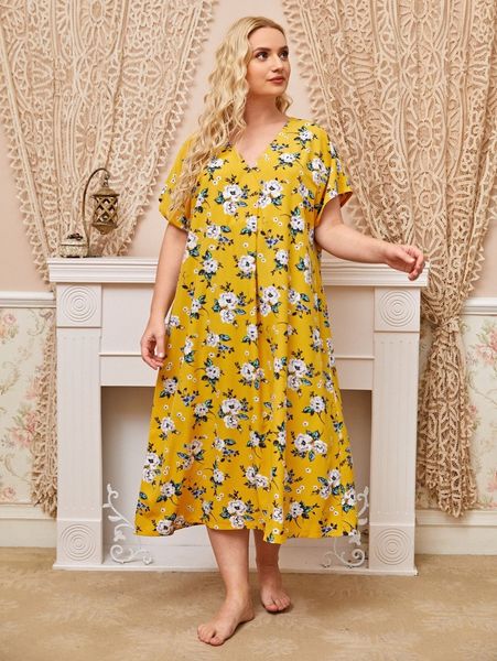 

plus allover floral night dress 18r8#, Black;white