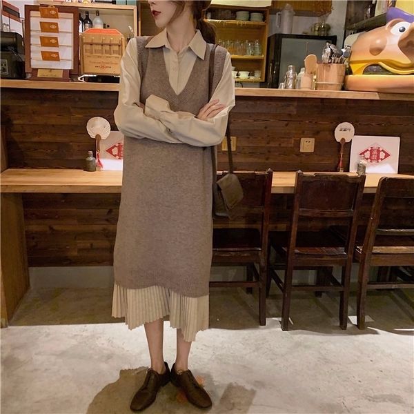 

сыпучие плиссированный подол с длинным рукавом платье платья юбки жилета skirtv-шеей вязаного жилета средней длиной юбки nvqvy, Black;gray