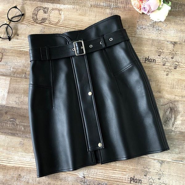 

2020 new womens sheepskin short skirt khaki high waist skirt fashion womens hip belt mini pencil skirts1, Black