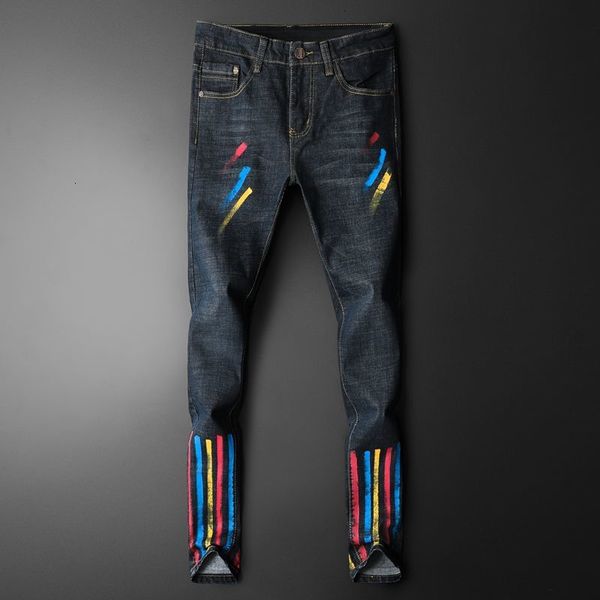 

stripes jeans men elastic punk club personality printed jean man colorful fashion denim pant design svv4, Blue