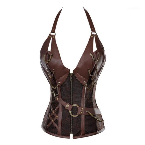 

bustiers & corsets european and american court black brown 14 steel rib punk leather corselet with belt halter tailored clothes1, Black;white