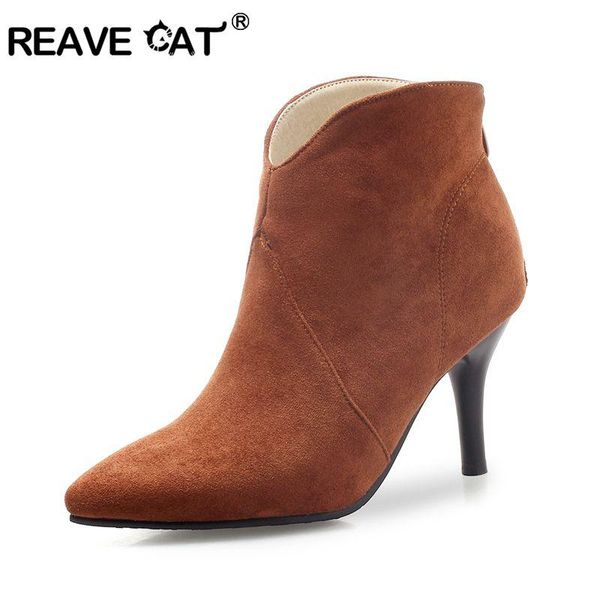 

boots reave cat shoes women winter pointed toe zipper flock thin high heel short booties mujer botas feminino casual solid a1218, Black