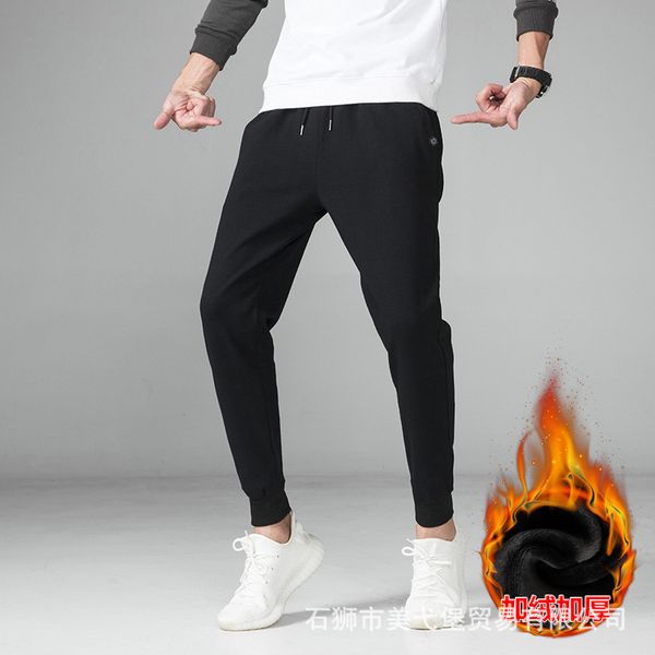 

new 2020 winter plush men's casual pure color non iron cotton youth fashion pants, Black