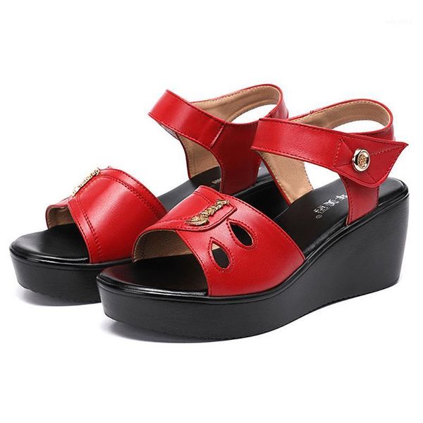 

2021 summer sandals split leather shoes women wedge sandals red black thick soles platform shoes ankle strap fashion ladies1