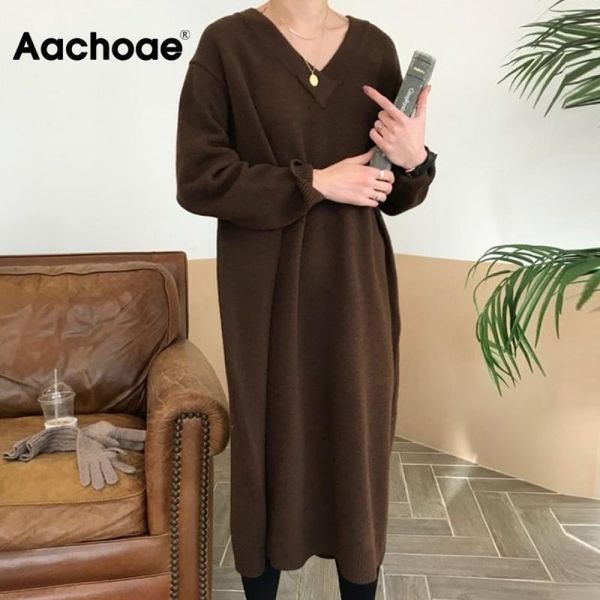 

casual dresses aachoae women chic v neck knitted sweater dress autumn batwing sleeve loose long vestidos mujer 2021, Black;gray
