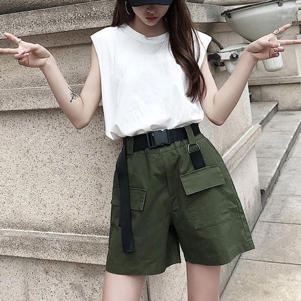 

vintage wide leg shorts women fashion casual high waist pocket with sashes black khaki trouser hrarjuku autumn winter bottoms g31, White;black