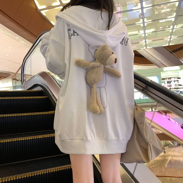 

k0kwg back bear style sweaterdoll coat hooded sweater women's loose korean coat 2020 spring and autumn thin student zipper cardigan swe, Black