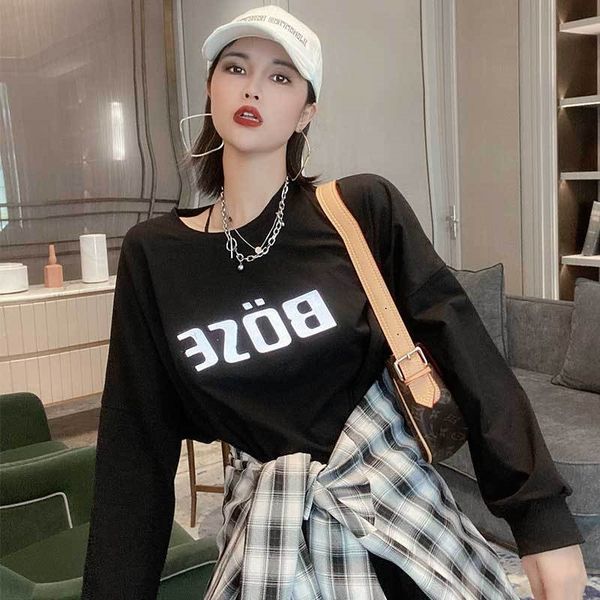 

2020 весной и осенью ins hong kong стиль отдыха styleforeign стиль письма длина printingloose средней длины футболку рукав футболки мода, White