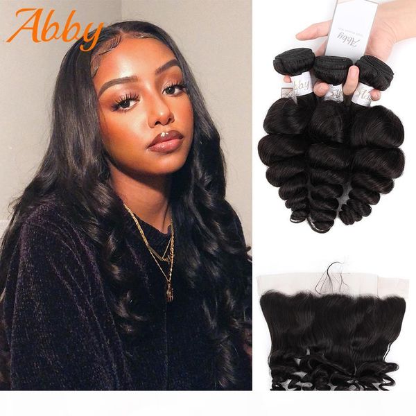 

human hair bundles with frontal loose wave hair weave 100% human hair for women indian 3 or 4 pcs bundles with 13x4 frontal abby, Black;brown