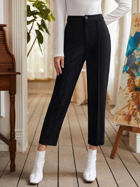 

solid high waist pants 6160#, Black;white