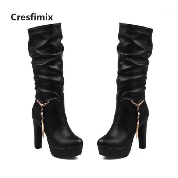 

boots cresfimix bottes femme lady cool comfortable black pu leather high heel women fashion sweet brown botas c30701