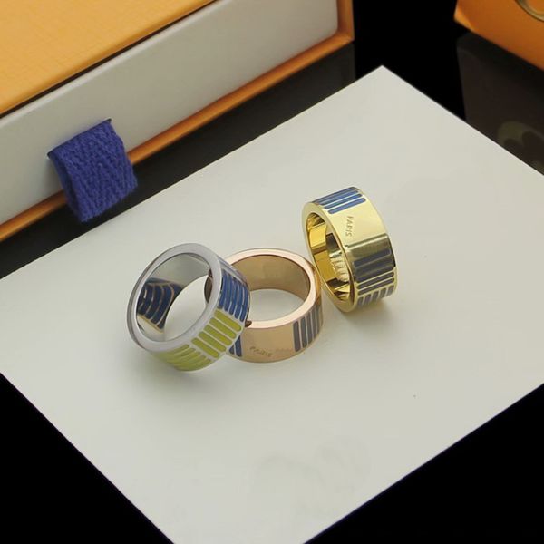 

2021 europe america style men lady women titanium steel engraved v initials colored enamel stripe lovers rings size us6-us9, Silver