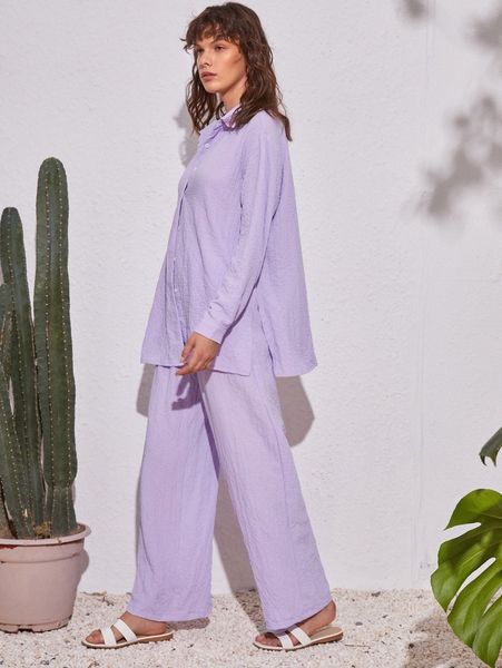 

solid button up blouse & pants set k5xn#, White