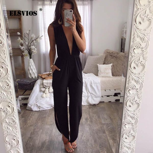 

elsvios 2019 women split long pants jumpsuits deep v-neck backless jumpsuit summer off shoulder solid beach overalls1, Black;white