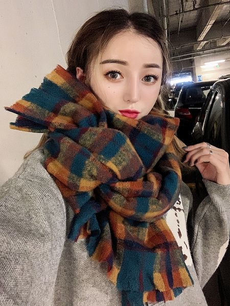 

scarf women's autumn and winter imitation cashmere plaid british style, korean long warm student net red neck, Blue;gray