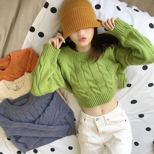 

women short loose casual sweaters solid color fashion twist long sleeve korean sweet jumpers pull femme, White;black