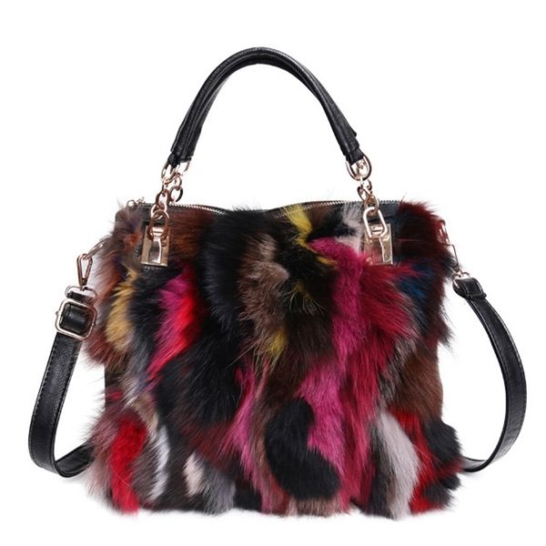 

women natural rabbit hair tote bag lady winter cony hair muff fluffy daily handle bag female multicolor fur crossbody bag c0121