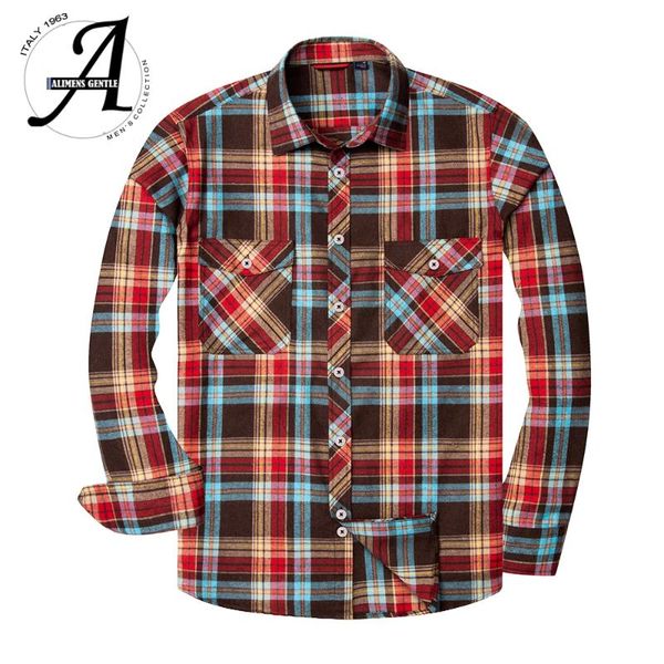 

alimens flannel shirts plaid shirt for men long sleeve casual cotton double pockets button up shirt men chemise homme camisas, White;black