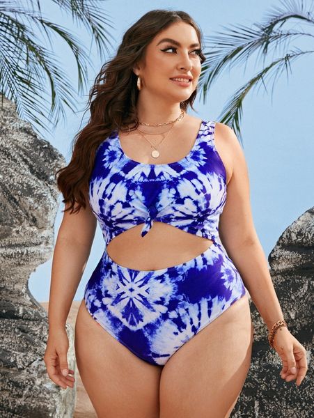 

plus tie dye cut-out knot one piece swimsuit 30iu#, Black