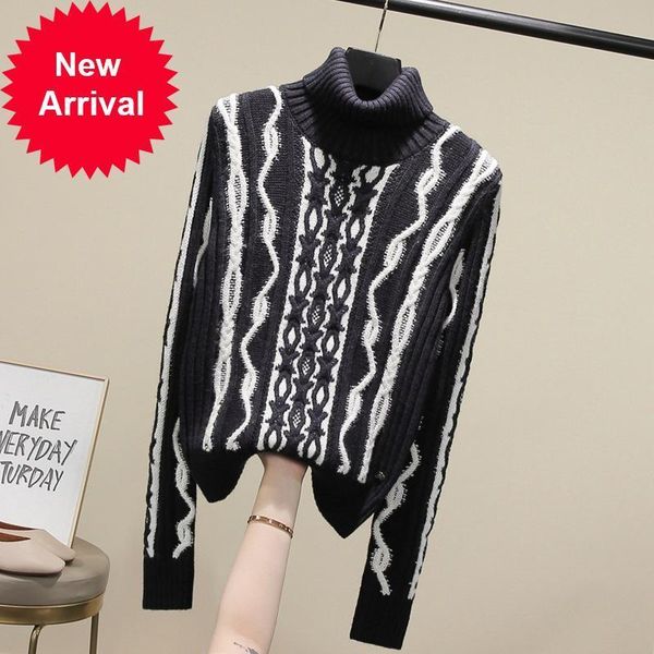 

autumn 2021 new new trend luxury turtleneck high fashion striped wave female sweater long mesh 4nps, White;black