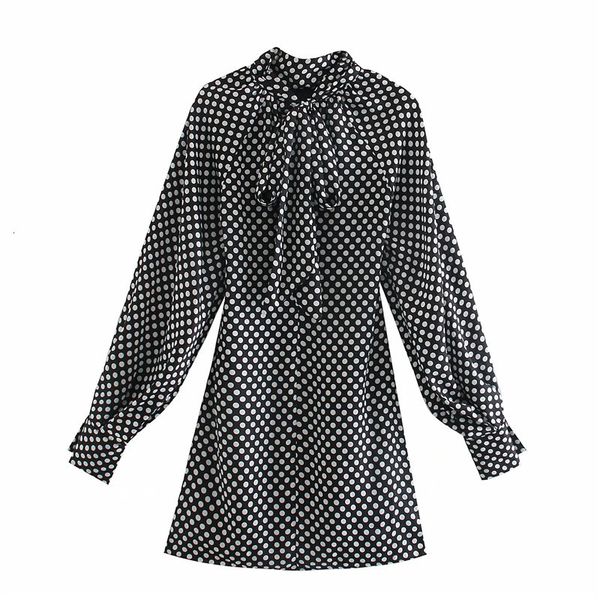 

2021 new vintage polka dot satin dress fashion women high neck bow tied puff long sleeves pleated lady elegant mini dresses 7bom, Black;gray