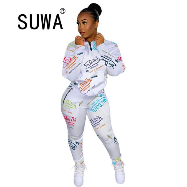 

jogger women tracksuit two piece set long sleeve chic printed sweatshirt and high waist sport pants casual outfits, Gray