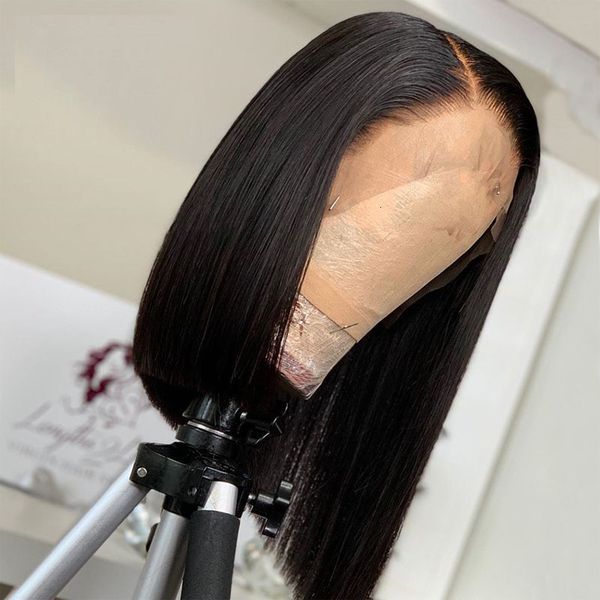 

straight short natural black synthetic lace front wig for black women with side part heat resistant fiber cosplay wig, Black;brown