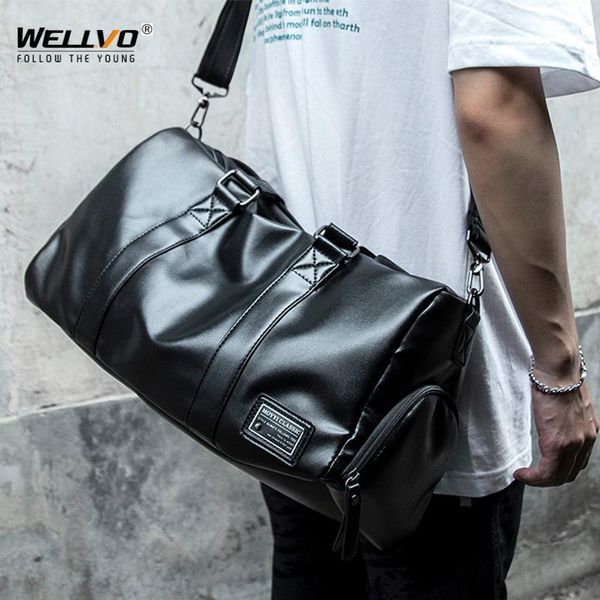 Duffel Bags Men Pu Leather Travel Bolsa de fitness Bolsa com sapatos e bolsos molhados ginásio esportivo preto ombro de grande capacidade xa762zc1