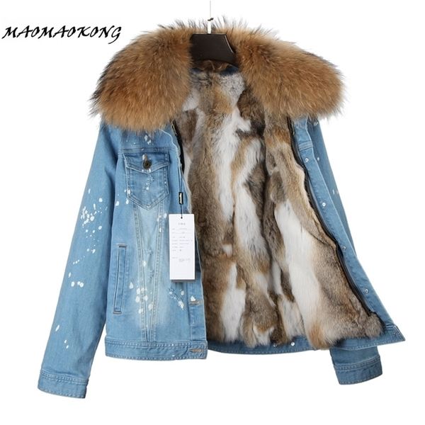 

new fashion brand women denim coat girl denim jacket real rabbit fur thick lining raccoon fur collar bomber jacket keep warm 201210, Black;brown