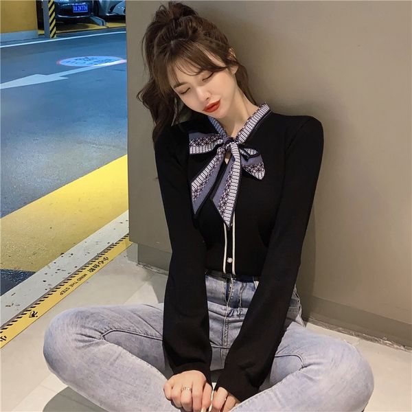 

jxmyy autumn/winter women's knit sweater loose long-sleeved slim commuter bowknot cardigan jacket sweater women 201202, White;black